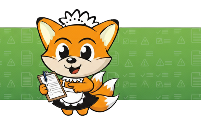 Maskot rubah oranye dengan seragam maid memegang clipboard berisi checklist, berdiri di depan background hijau bergambar ikon dokumen dan tanda peringatan, melambangkan syarat dan ketentuan.