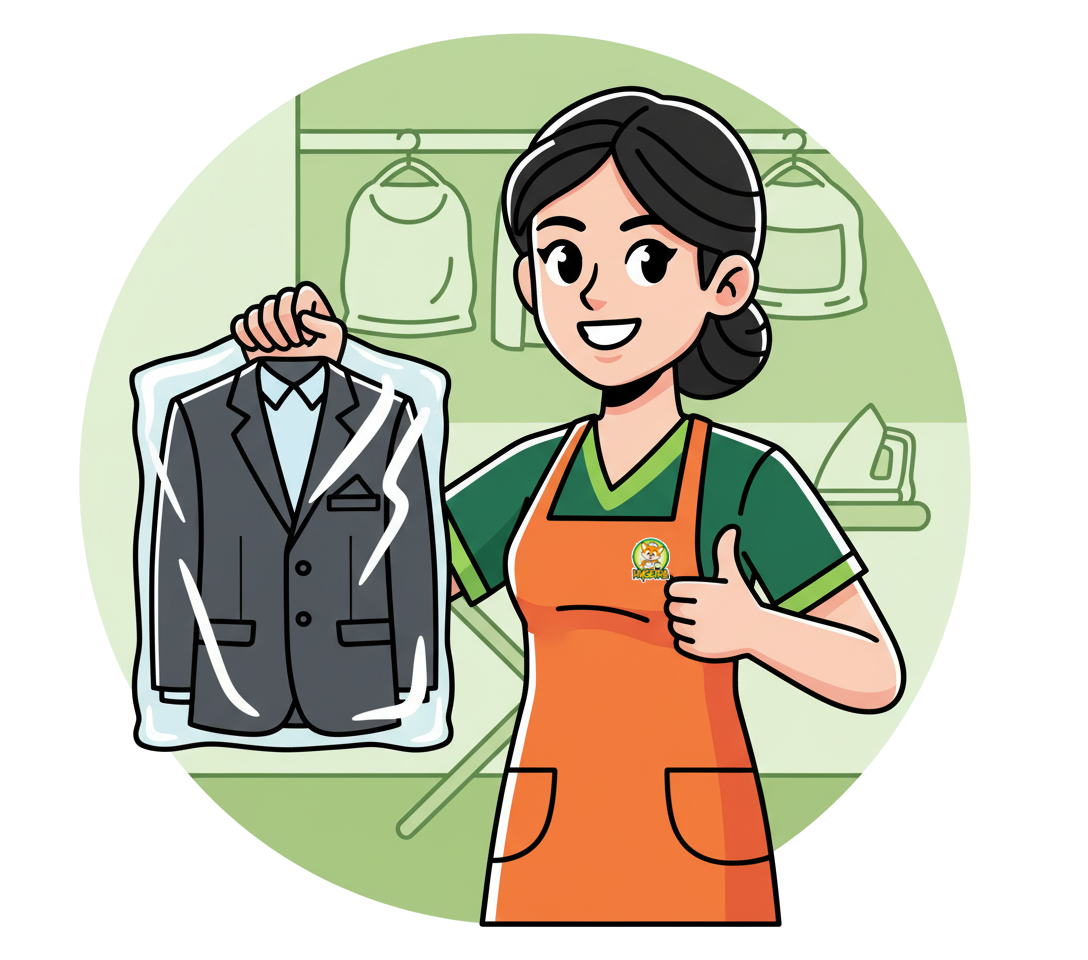 Ikon Dry Clean dengan petugas memegang jas yang baru dibersihkan secara profesional
