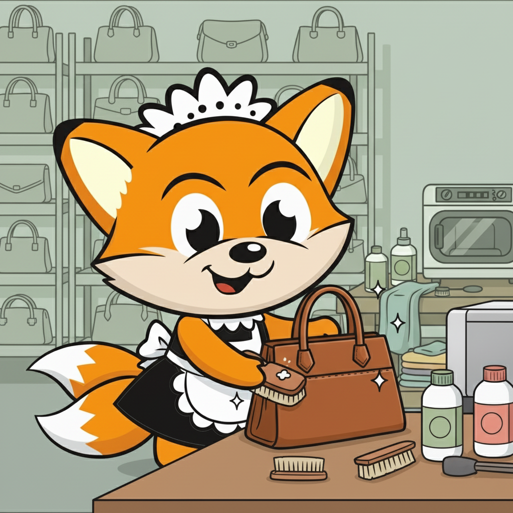 Maskot rubah oranye berbaju maid sedang membersihkan tas tangan dengan sikat lembut di ruang perawatan tas profesional, dikelilingi rak berisi berbagai jenis tas. Layanan laundry tas dan bag spa premium di Surabaya.