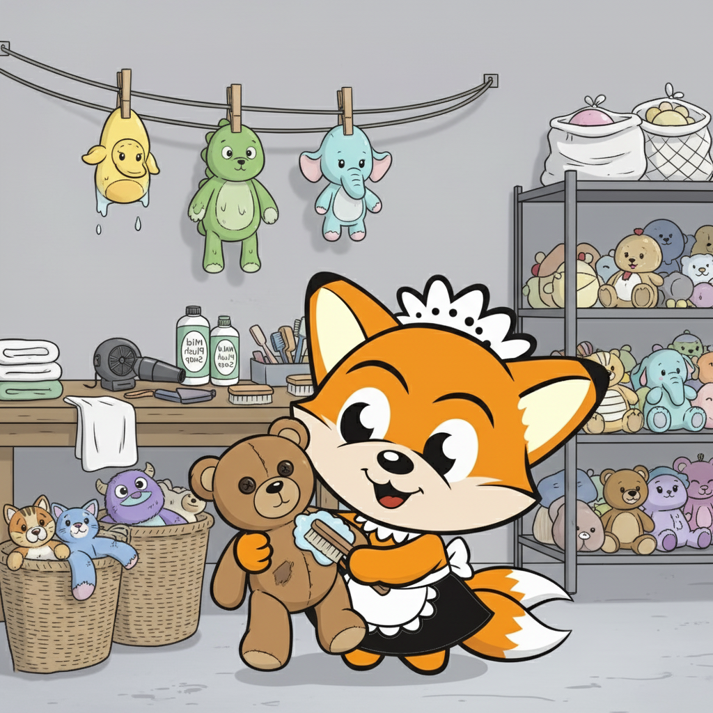Maskot rubah oranye berbaju maid sedang membersihkan boneka sambil dikelilingi boneka berbagai ukuran, dari boneka besar hingga plush kecil, di ruang laundry boneka profesional.