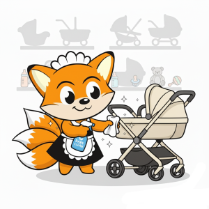 Maskot rubah oranye berbaju maid sedang membersihkan stroller bayi di ruang laundry perlengkapan bayi dengan rak berisi stroller dan car seat. Layanan laundry stroller dan baby gear professional di Surabaya