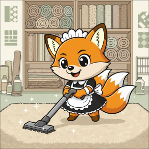 Maskot rubah oranye berbaju maid sedang memvacuum karpet tebal di ruang laundry profesional dengan rak berisi gulungan karpet dan perlengkapan pembersih. Layanan laundry karpet Surabaya dengan deep clean, vacuum extraction, dan perawatan karpet premium