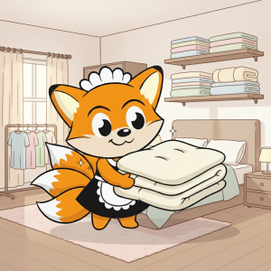 Maskot rubah oranye berbaju maid sedang mengangkat bed cover bersih dan tebal di ruang laundry bedding dengan rak berisi tumpukan bed cover dan bantal. Layanan laundry bed cover Surabaya premium dan profesional.