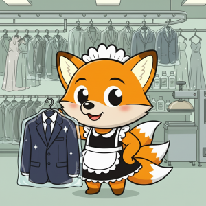 Maskot rubah oranye berbaju maid memegang jas yang sudah di-dry clean dalam plastik pelindung, berdiri di ruang dry clean profesional di Surabaya dengan rak berisi jas dan gaun pesta. Latar menampilkan peralatan layanan setrika uap dan mesin khusus untuk cleaning jas dan gaun premium