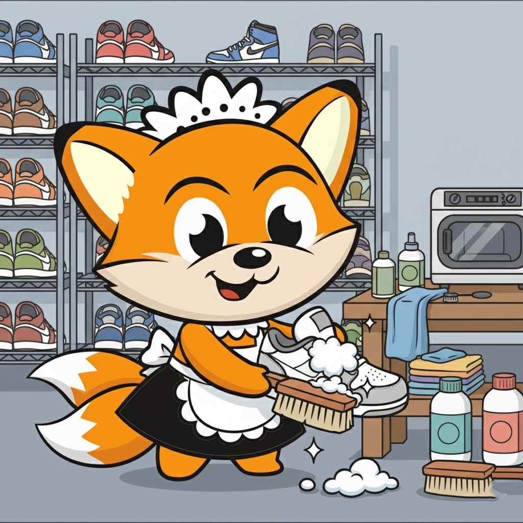 Maskot rubah oranye berbaju maid sedang membersihkan sepatu olahraga dengan sikat busa di ruang laundry sepatu profesional, dikelilingi rak penyimpanan sepatu dan mesin pengering khusus. Layanan laundry sepatu Surabaya dengan proses deep clean, cuci sepatu premium, dan perawatan detail