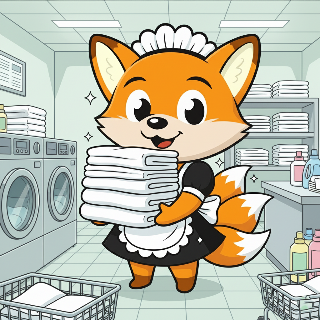 Maskot rubah oranye berbaju maid sedang mengangkat tumpukan linen putih yang sudah bersih di dalam ruang laundry industri dengan mesin cuci besar, rak berisi handuk lipat, dan keranjang linen, melambangkan layanan laundry linen corporate yang rapi dan profesional