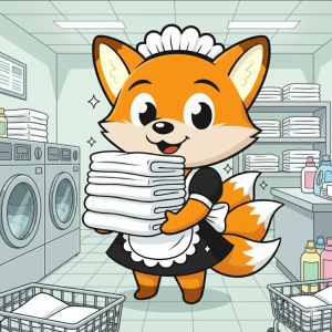 Maskot rubah oranye berbaju maid sedang mengangkat tumpukan linen putih yang sudah bersih di dalam ruang laundry industri dengan mesin cuci besar, rak berisi handuk lipat, dan keranjang linen, melambangkan layanan laundry linen corporate yang rapi dan profesional