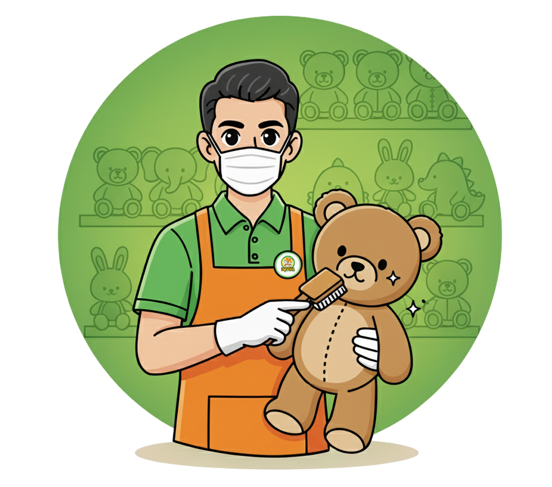 Ikon Laundry Boneka dengan petugas membersihkan boneka teddy bear dengan hati hati