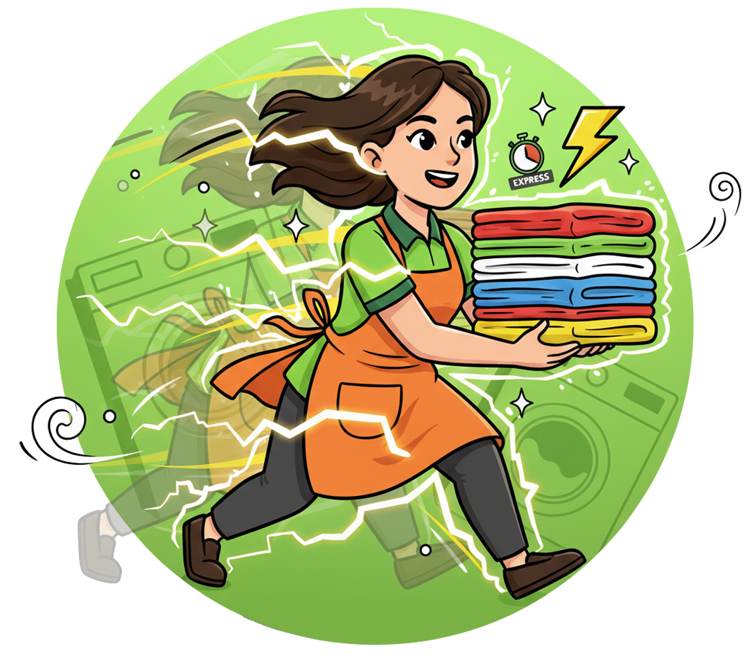 Ikon Laundry Kilat menampilkan petugas berlari membawa tumpukan pakaian untuk layanan cepat selesai