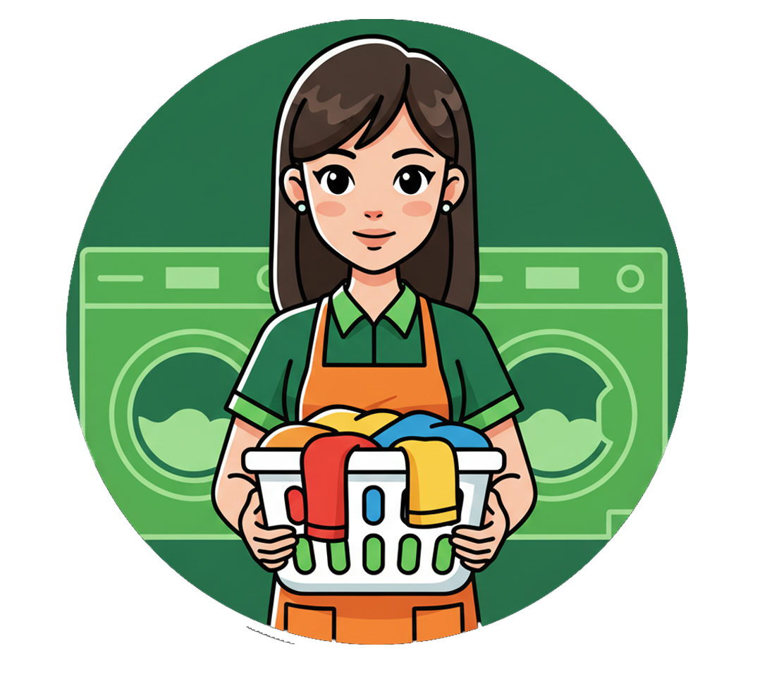 Ikon layanan Laundry Kiloan dengan petugas membawa keranjang pakaian bersih di depan mesin cuci