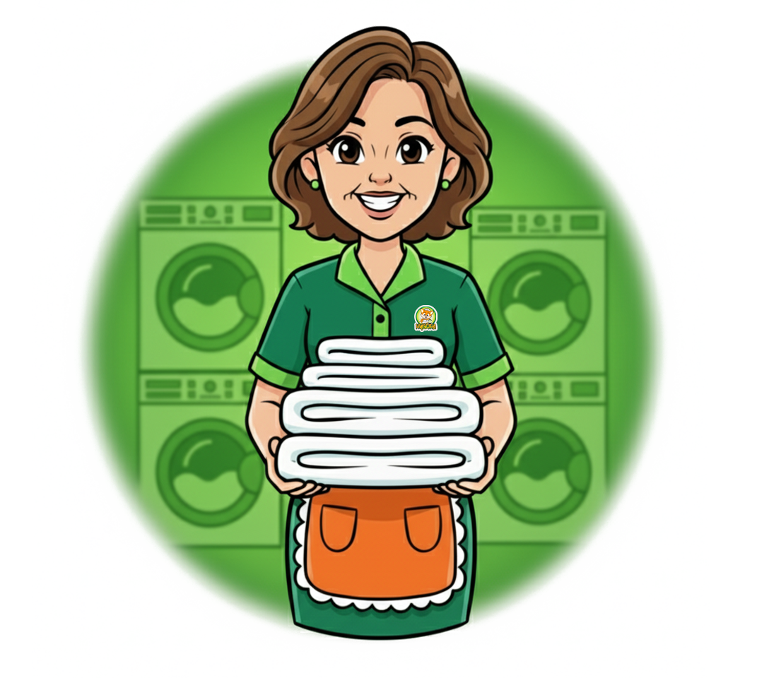 Ikon Laundry Linen dengan petugas membawa tumpukan handuk dan linen yang rapi dan bersih