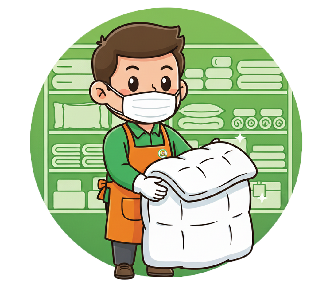 Ikon Laundry Beding dengan petugas memegang selimut besar yang baru dicuci dan dilipat rapi