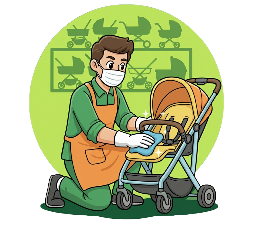 Ikon Laundry Stroller dengan petugas membersihkan stroller bayi menggunakan alat sanitasi