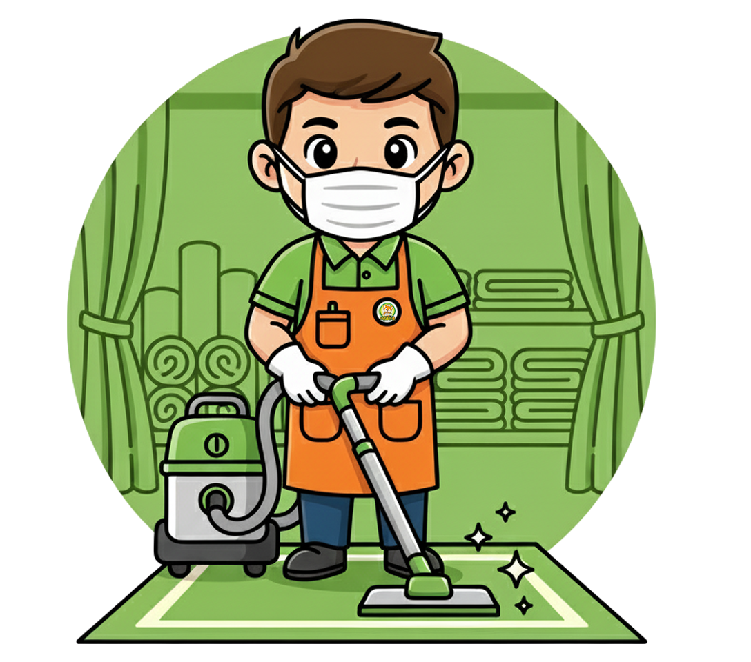 Ikon layanan cuci karpet dan korden dengan petugas sedang membersihkan karpet menggunakan mesin khusus