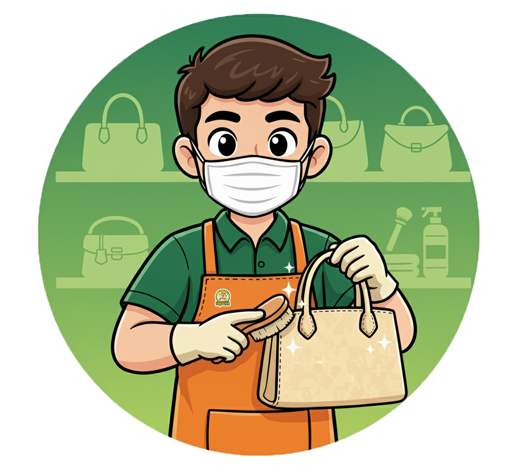 Ikon Laundry Tas dengan petugas memakai masker sambil membersihkan tas kulit